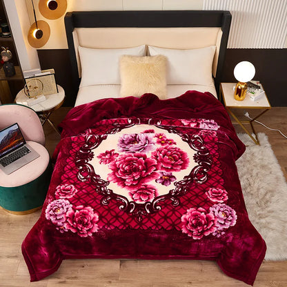 Mink Fleece Blanket King Size 3-Ply Reversible A & B Printed Soft Plush Bed Blanket Heavy Thick Winter Warm Blanket Pink Floral.