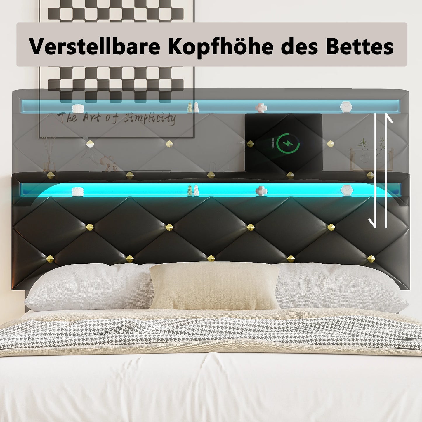 Anajqaqia 160 x 200 cm PU-Schwebebett mit verstellbarer Kopfteilhöhe + LED-Streifenbeleuchtung, Schwarz