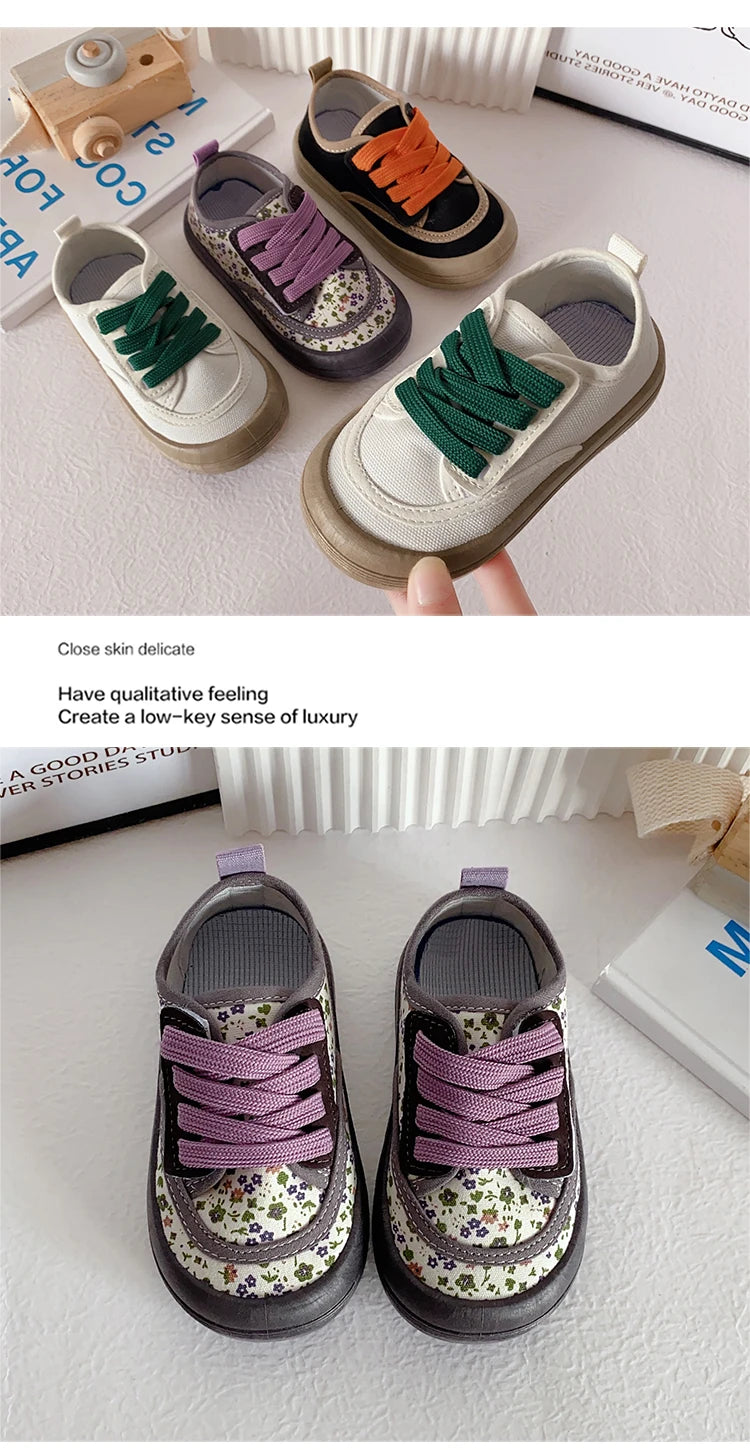 Children Fashion Versatile Soft Canvas Shoes Floral Print Casual Kids Shoes Drop Shipping Lace-up 2023 Spring New for Boys Flats.