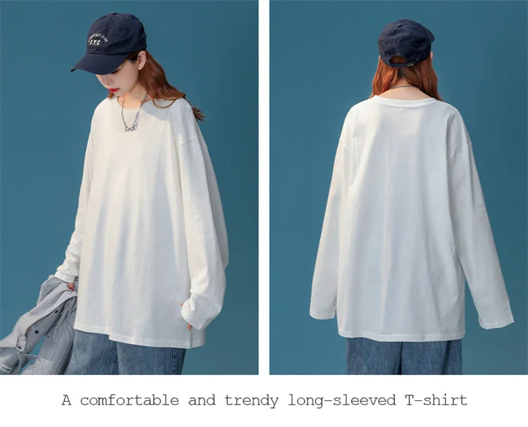 COUTUDI-Oversized T-Shirt for Women, Loose Pullover,Long Sleeve, Casual 100% Cotton Tee Shirt, Lady Tops, Korean Streetwears.
