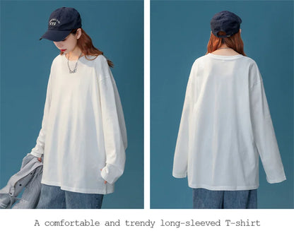 COUTUDI-Oversized T-Shirt for Women, Loose Pullover,Long Sleeve, Casual 100% Cotton Tee Shirt, Lady Tops, Korean Streetwears.