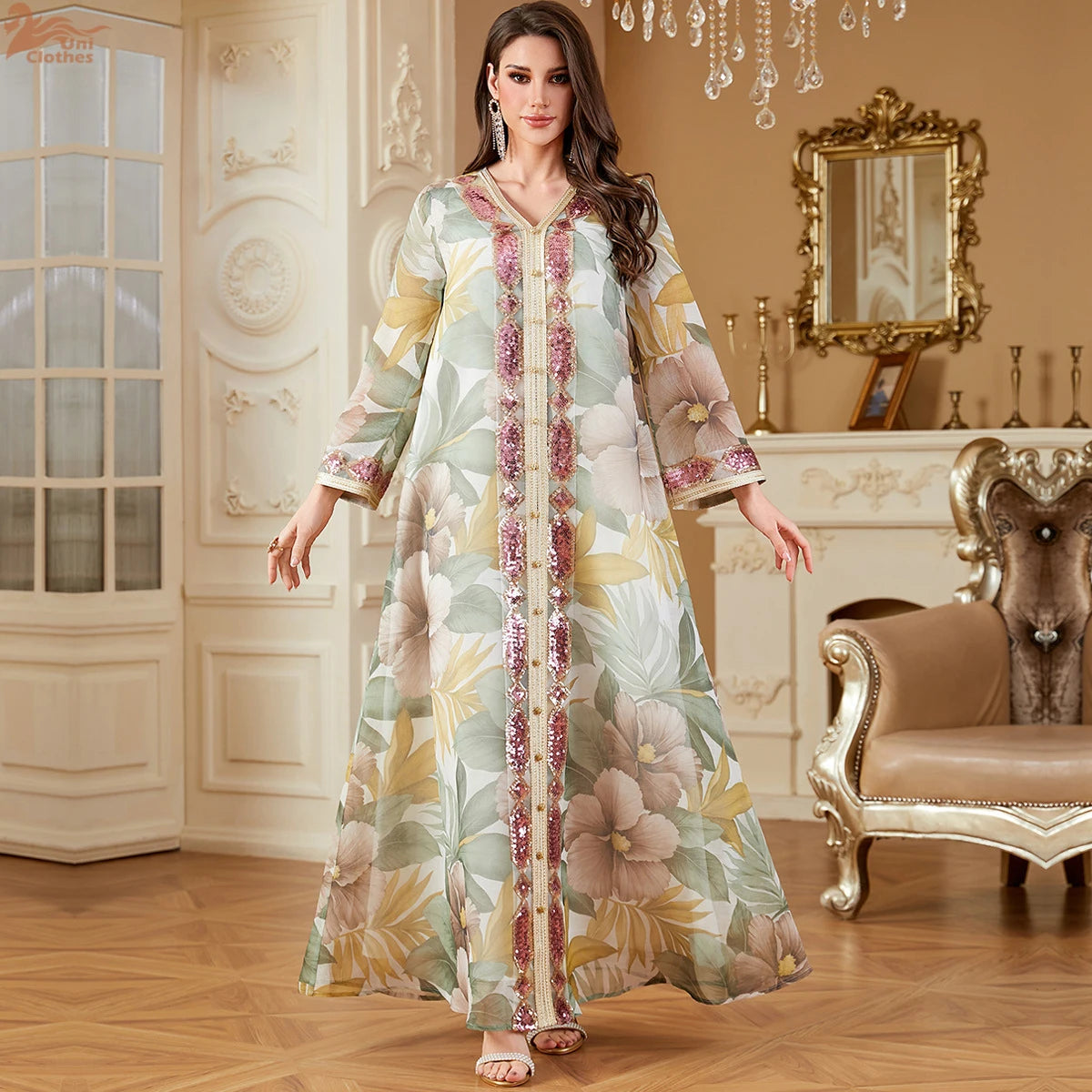 Ramadan Dubai Floral Print Long Dress Sequins Patchwork Abayas Mesh Kebaya For Muslim Women's Casual Loose Clothing.