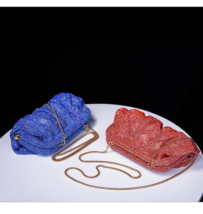 Premium Handmade Diamond-encrusted Clutch Bag Pleated Chain Rhinestone Cloud Clip Dinner Bag Single Shoulder Oblique Span Bolsos.