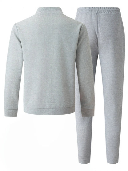 2025 new spring and autumn men stand collar solid color baseball casual Waffle full pants two men's suit men's wear.