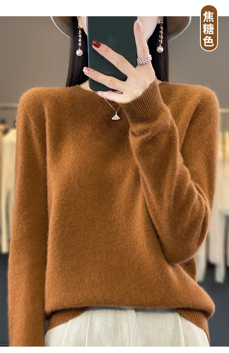 100% Merino Wool Sweater Women O-neck Cashmere Knitwear Female Pullover Autumn Winter Casual Tops Solid Color Soft  Clothing