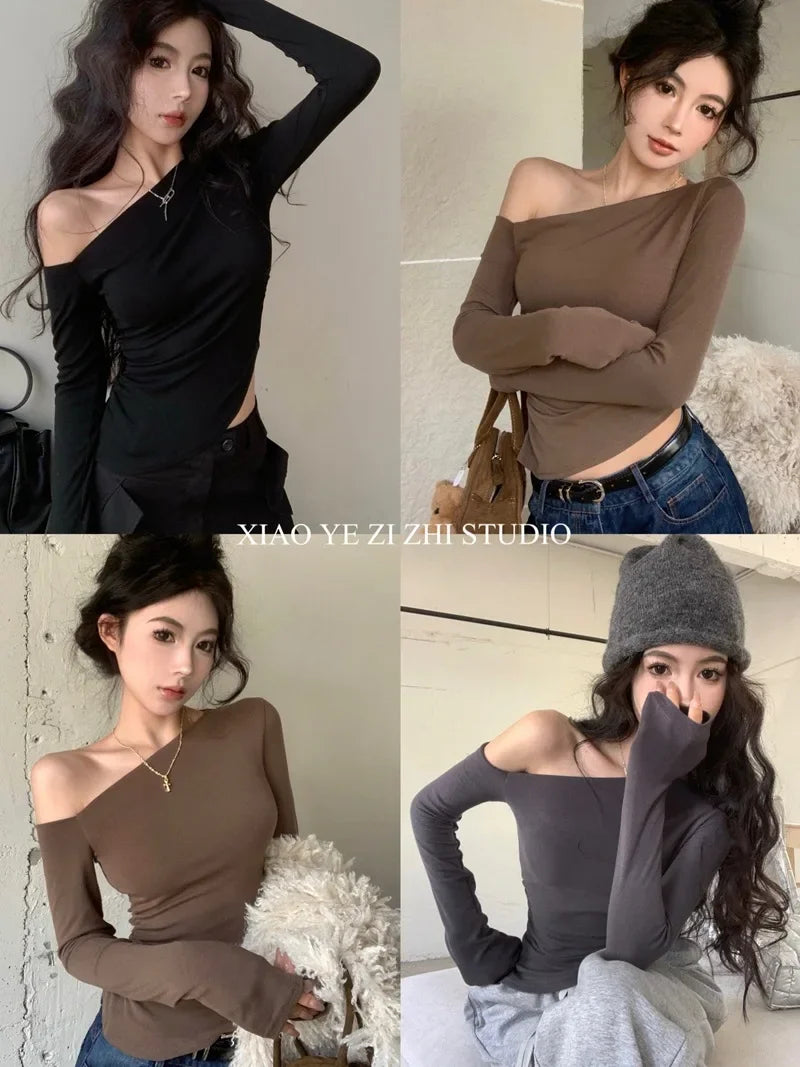 SexySpicy Girl Style Blackoff-the-Shoulder Long Sleeve T-shirt Slimming Smooths Your Silhouette Nefarious Crossbody Top For Wome.