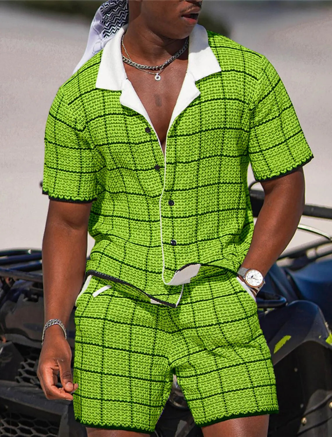 Men's Plaid Geometric Pattern Two-piece Shirt Hawaiian Short Sleeve Shirt Shorts Fashion Street Design Outdoor Nightclub Print.