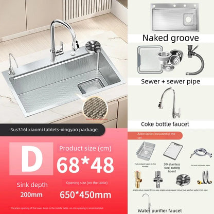 Kitchen Sink 316L Food Grade Stainless Steel Large Single Slot Wash Dish and Wash Vegetable Basin Homeuse Undercounter Bowl