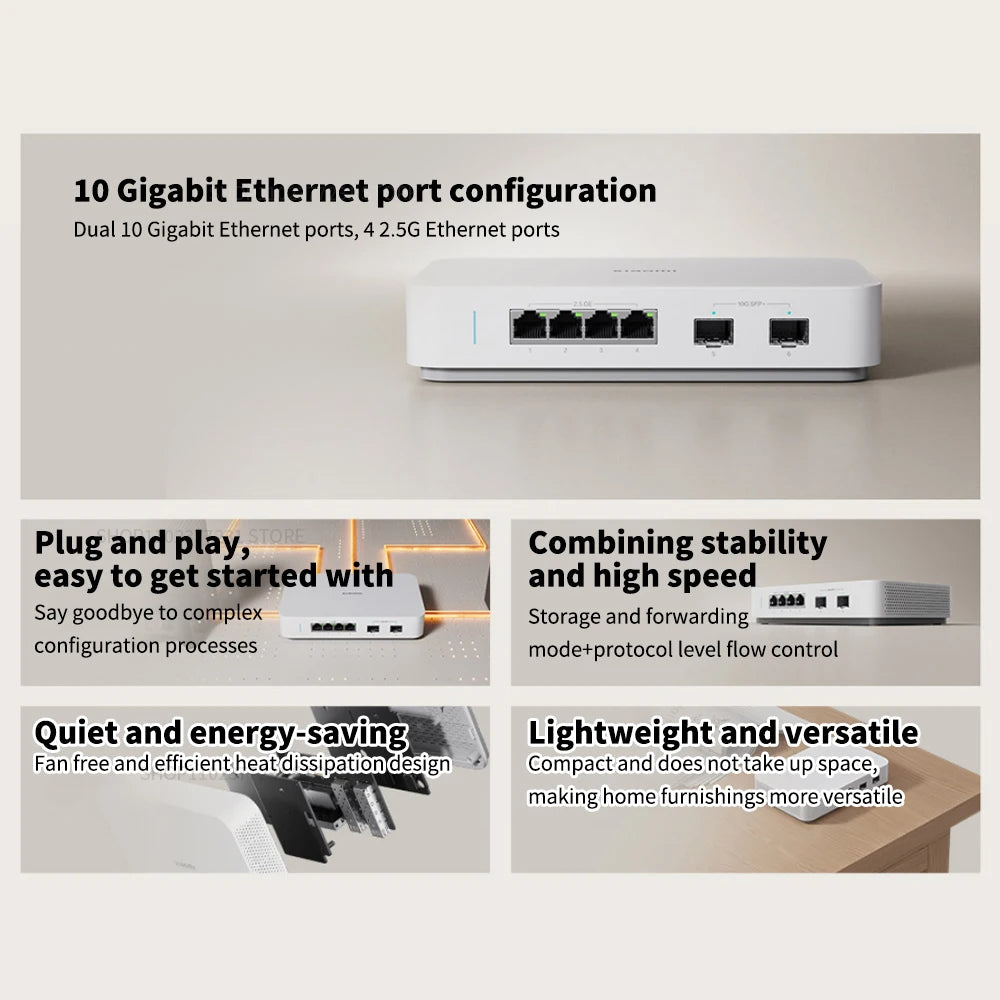 2025 NEW Xiaomi 10G Ethernet Switch 4×2.5G+2×10GMbps Mini Network Switches VLAN Ethernet Splitter Lan Router 6 Ports Hub Switch.