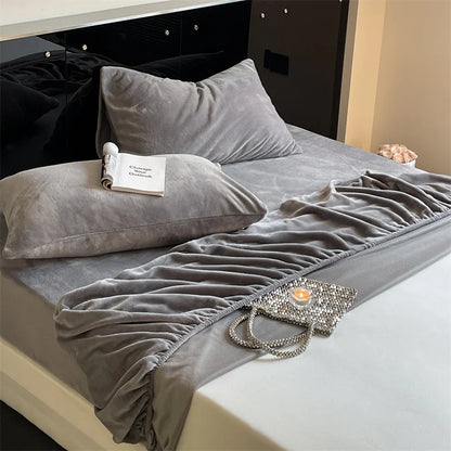 Soft Flannel Fitted Sheet for Winter, Fleece Mattress Protector, Cover with Elastic Band, Bed Linen, Solid Grey, 180x200cm, 1Pc.