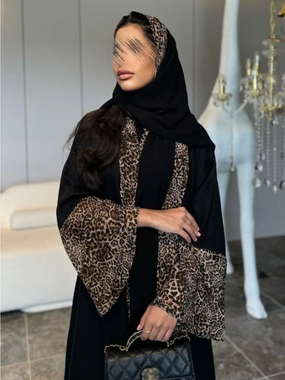 Eid Women Muslim Abaya Leopard Cardigan with Scarf Dress 2025 Vestidos Largos Caftan Robe Jalabiya Ramadan Morocco Dubai Kaftan.