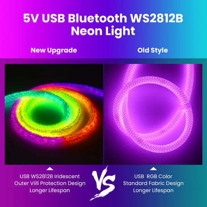 DC5V USB RGB LED Round Neon Light Strip Music Sync Control with App/Remote Addressable Lamp IP67 Waterproof for Indoor Outdoor.