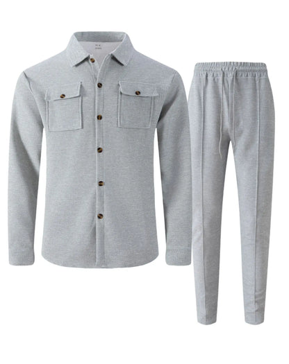 2025 Men's Autumn Casual Street Sport Two-Piece Fashion Solid Color Double-Pocket Collar Buttoned Long-Sleeved Shirt + Pants Set.