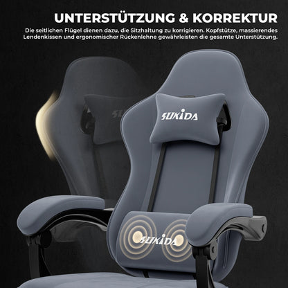 SUKIDA Gaming-Stuhl mit Fußstütze, PC-Stuhl im Racing-Stuhl-Design, ergonomischer Bürostuhl, verstellbar mit Lordosenstütze