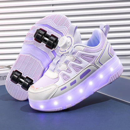 Children Four Wheels Luminous Glowing Sneakers Black Pink Led Light Roller Skate Shoes Kids Led Shoes Boys Girls USB Charging.