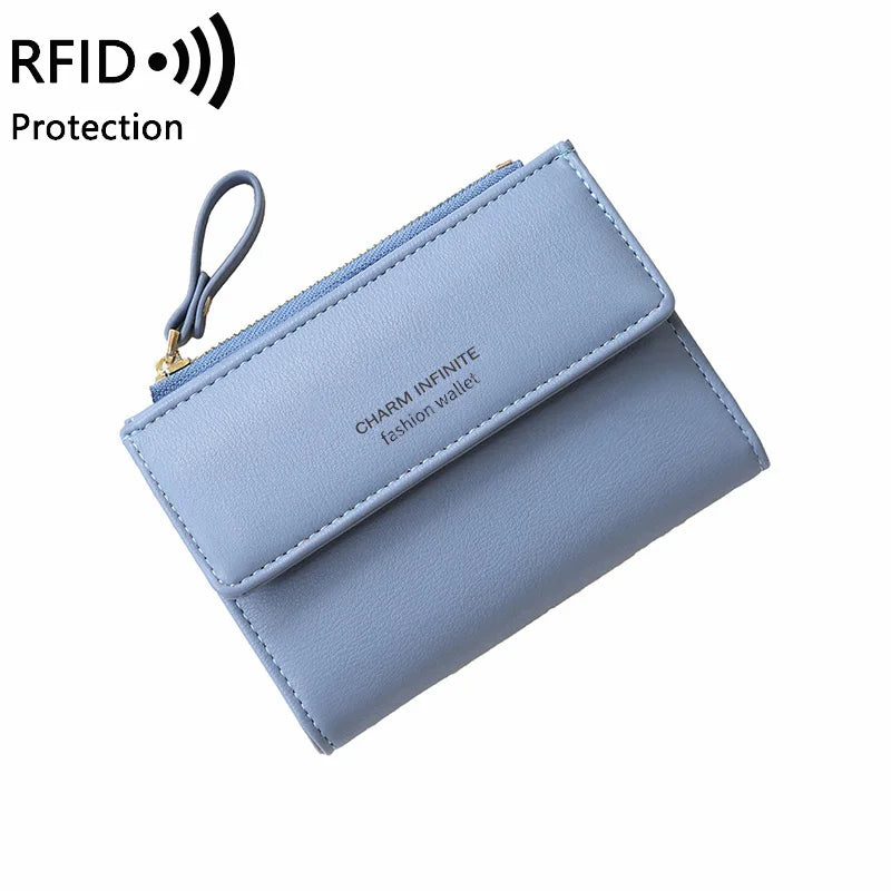RFID Anti-Theft Short Card Bag for Women, Brush, PU, Solid Color, Zipper Buckle, Multi-functional Fashion, Small Purse