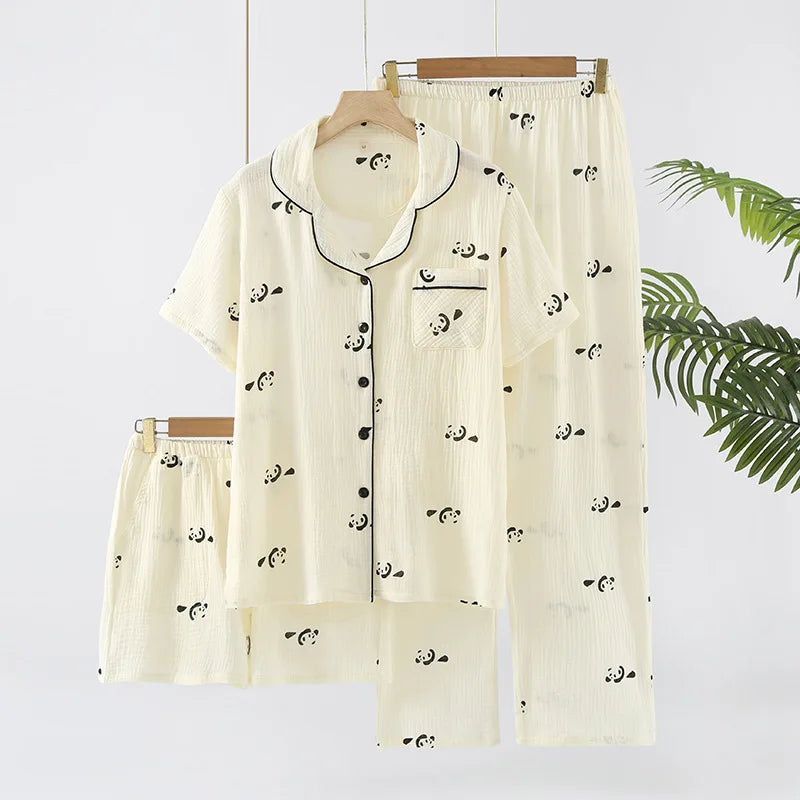 Pajamas pure cotton three-piece set spring and summer thin crepe autumn gauze lapel short-sleeved trousers shorts loungewear set