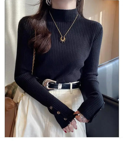 2025, weibliche Casual Tops Pullover Frauen Herbst Winter Gestrickte Dünne Pullover Feste Taste Volle Hülse Halb Hohen Kragen Pullover