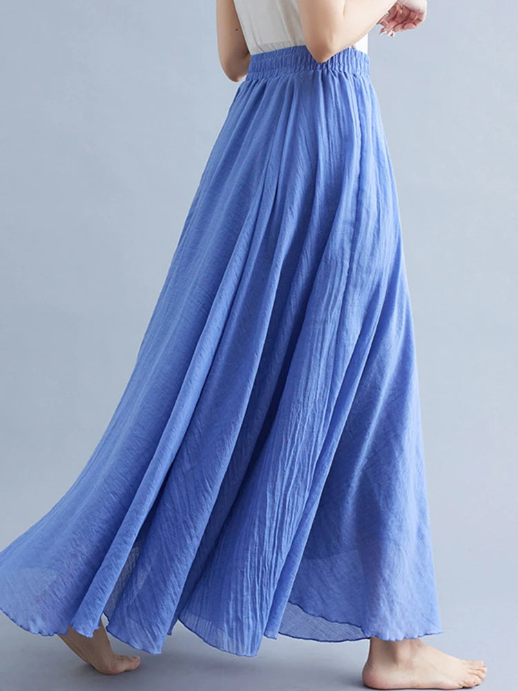 new 2020 Women Linen Cotton Long Skirts Elastic Waist Pleated Maxi Skirts Beach Boho Vintage Summer Skirts Faldas Saia.