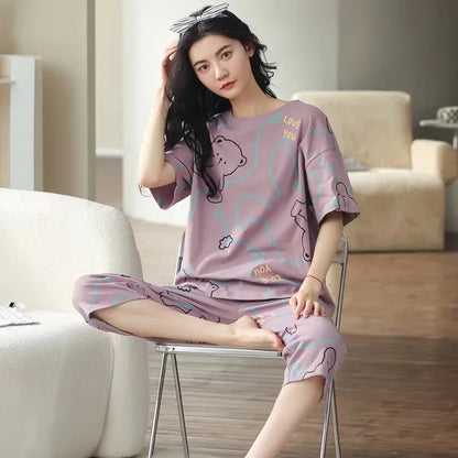 Sommer Neue Damen Pyjamas Homewear Set Kurzarm Pyjamas frauen Sommer Einfache Koreanische Cartoon Lose Große Größe Homewear.