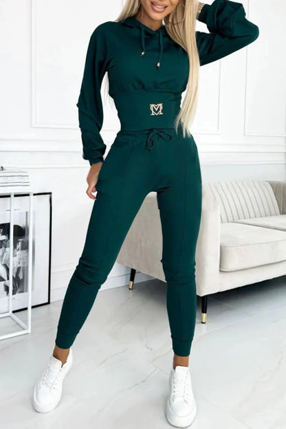 Casual Solid Color Hooded Slim Long-sleeved Top And Wide-sleeved Pants Suit Women 2025 Spring Top Lace-up Pants Suit For Women.