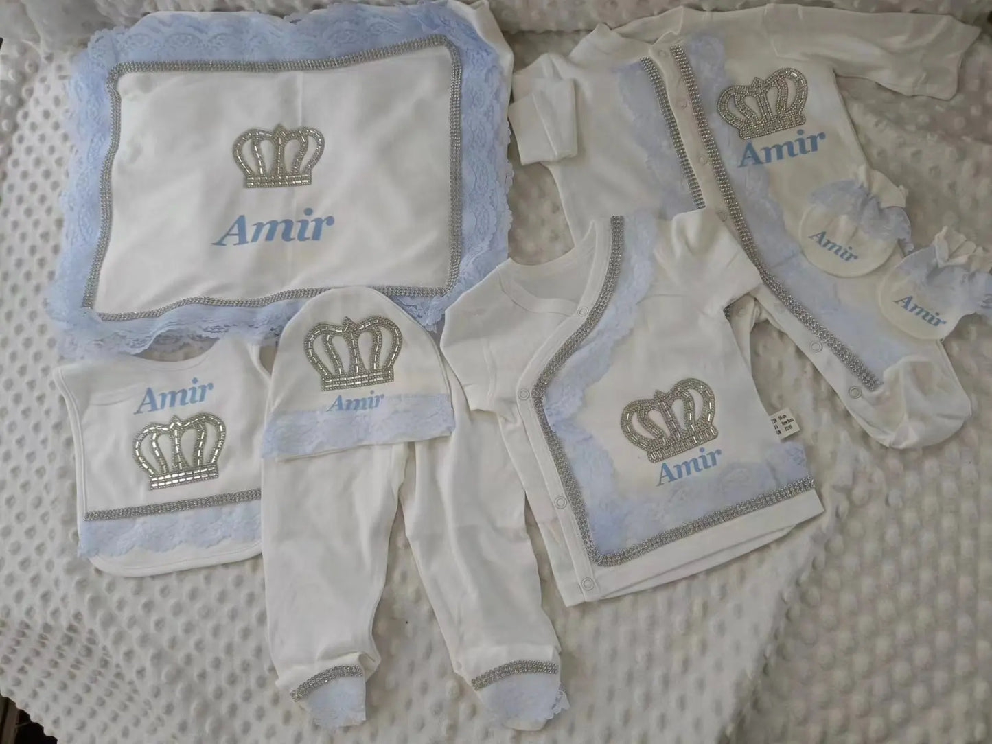 5pcs Handmade DIY Vinyl Name Personalized Baby Girl Newborn Jewels Crown Pink Take Me Home Layette 5 Piece Deluxe Gift Set