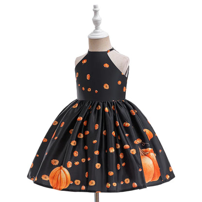 Kleinkind Halloween Kostüm Mädchen Cosplay Hexe Kürbis Skelett Druck Bowknot Kleid Kinder Festival Party Performance Kleidung