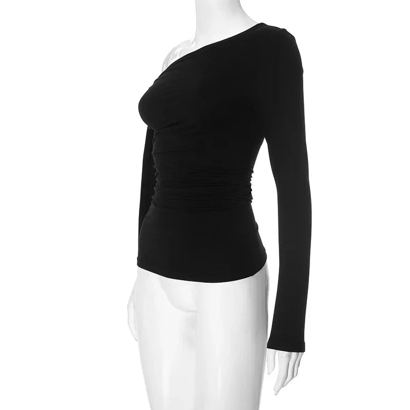 Y24TP610 Women's Autumn New Solid Color Crossbody Single Shoulder Top Sexy Asymmetric Single Sleeve T-Shirt From China.