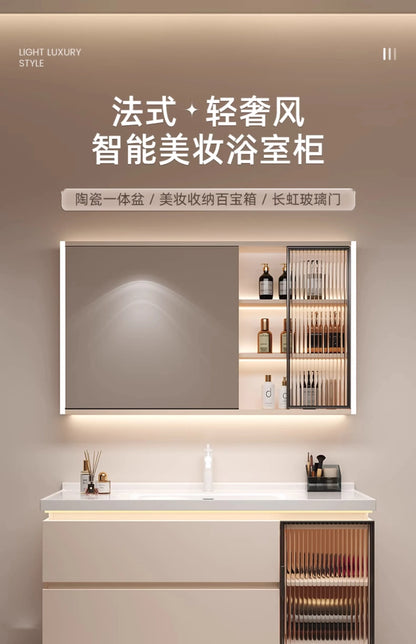 Cremefarbener Wind-Badezimmerschrank, integriertes Waschbecken aus Keramik, WC-Waschbecken-Kombination