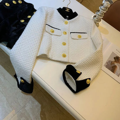 Mode Nähen Tweed Kurze Jacke Frauen Herbst Winter Elegante Büro Dame Mantel Y2K Koreanische O Neck Einreiher Crop Outwear