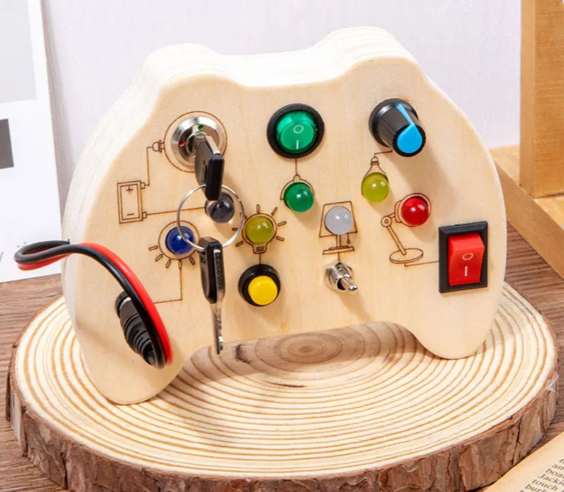 Montessori Busy Board Sensory Toys Wooden With LED Light Switch Control Board Travel Activities Children Games For 2-4 Years Old.