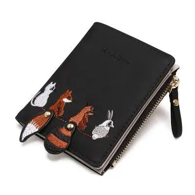 Cute Girl Heart Women's Embroidered Thread Cartoon Animal Wallet Korean Version Short Tassel Zipper Card Bag Earphone Cable Bag.