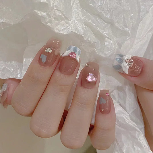 24pcs Detachable Short Press on Nails Y2k rhinestone False Nails with Glue Ballet Sweet Cool Girls Artificial False Nails Tips.