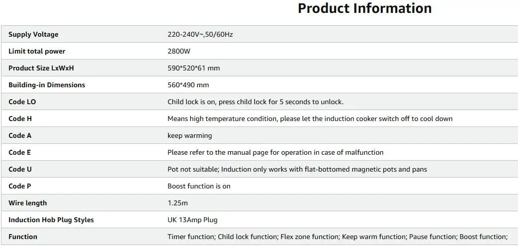 Karinear Induction Hob 4 Zones with Plug, 59CM, 3500W, White Ceramic Glass, Combination Zones, Sliding Controls, 9 Power Levels.