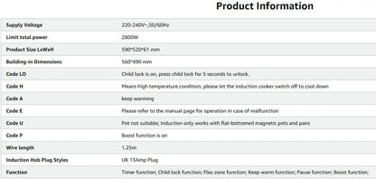 Karinear Induction Hob 4 Zones with Plug, 59CM, 3500W, White Ceramic Glass, Combination Zones, Sliding Controls, 9 Power Levels.