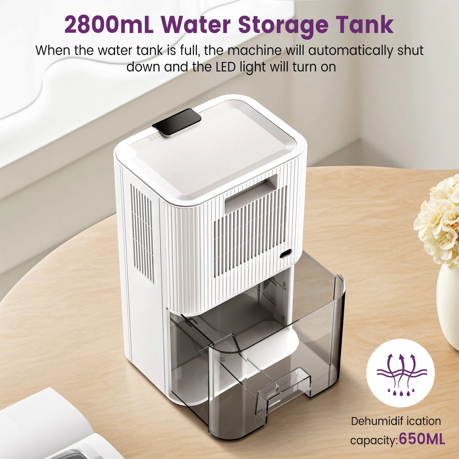 2800mL Air Dehumidifier Portable Mute Moisture Absorbers Machine Air Dryer Sleep Mode For Home Bedroom Office Kitchen Deodorizer.