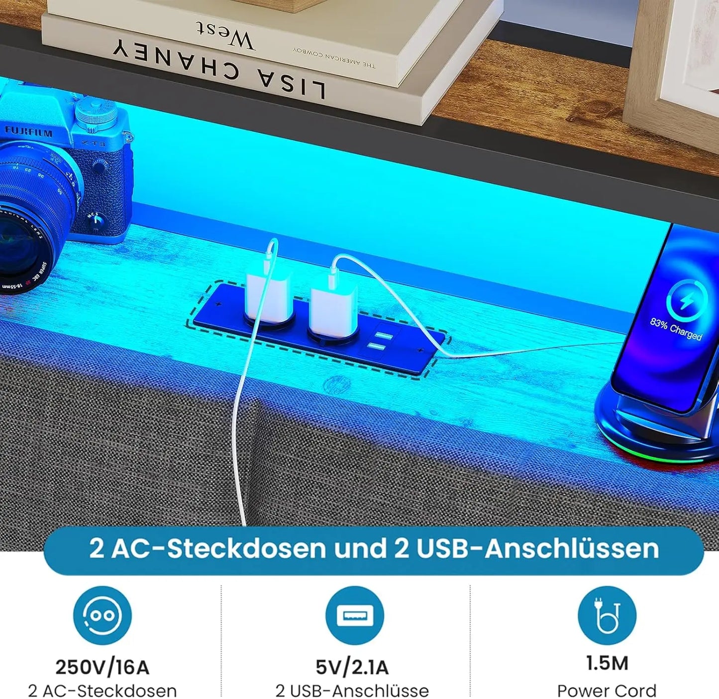 Metallbettgestell 140 x 200 cm mit LED-Beleuchtung, Kopfteil und Ladestation, integriertes Metallbett 140 x 200 mit Gitterbraten