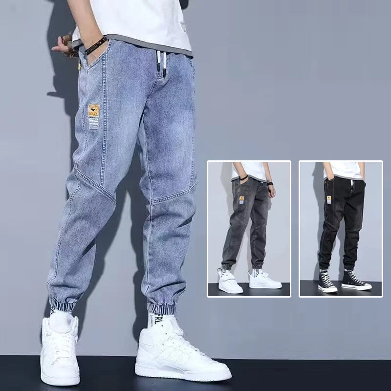 Men Jeans Elastic Tie Up Harem Denim Pants Male Bound Feet Designer Cargo Joggers Denim Trousers Daily Narrow Leg Casual Jeans.