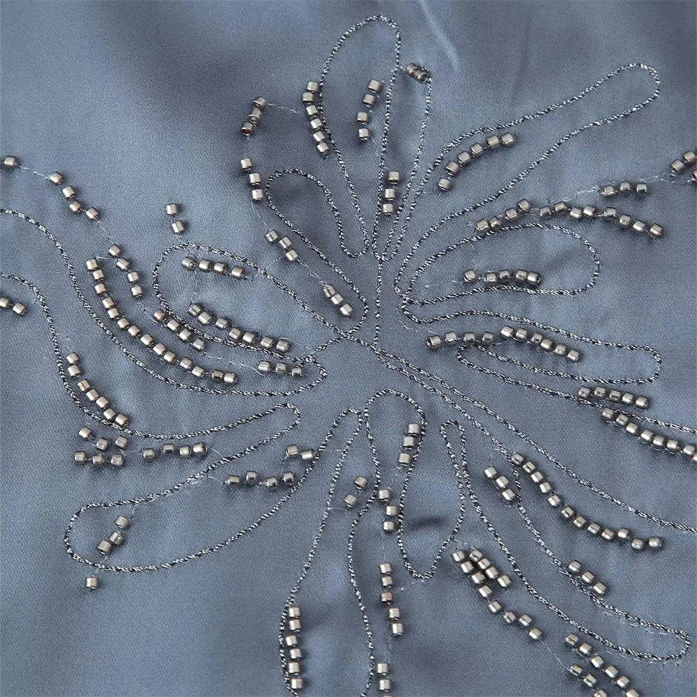 Summer New Product Women's Style Flip Collar with Beaded Embroidered Shirt, High Waist Straight Leg Pants Set.