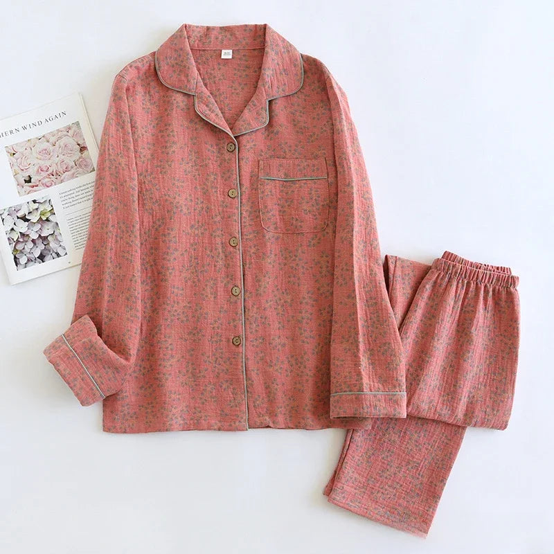 100% Cotton Crepe Homeclothes 2023 Autumn/Winter Women's Pajamas Suit Long-Sleeved Trousers 2-piece Yarn-Dyed Jacquard Pajamas