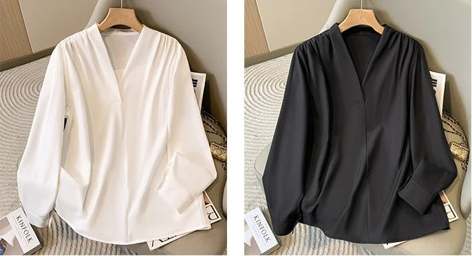 Big Size Women Shirts 2025 Spring Autumn Long Sleeve Office Lady V-Neck Solid Color Blouses Elegant and Youth Woman Tops.