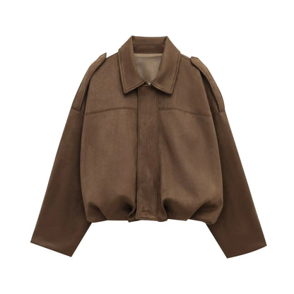 TRAFZA Damen-Jacke mit Wildleder-Textur, High Street, lange Ärmel, Umlegekragen, elastischer Reißverschluss, Knopfleiste, solider, trendiger Frühlingsmantel