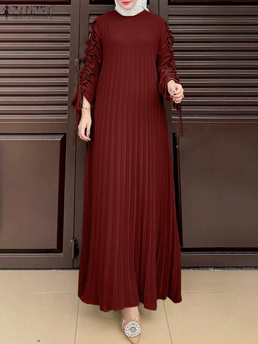 Muslim Hijab Dresses Abaya ZANZEA Spring Maxi Sundress Women Fashion Long Sleeve Pleated Party Dress IsIamic Clothing Robe Femme.