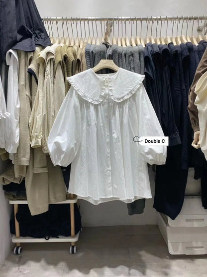 Shirts Women Spring New Plaid Peter Pan Collar Ruffles Loose All-match College Japanese Mujer Kawaii Swwet Tender Chemise Femme.