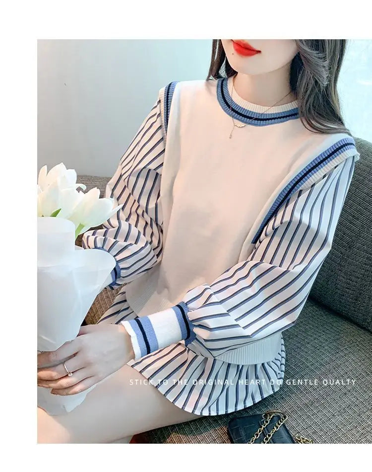 Autumn Preppy Style Patchwork O-neck Fake Two Pieces Top Tee Female Casual Striped Long Sleeve Sweatshirts Women Clothes Tshirt.
