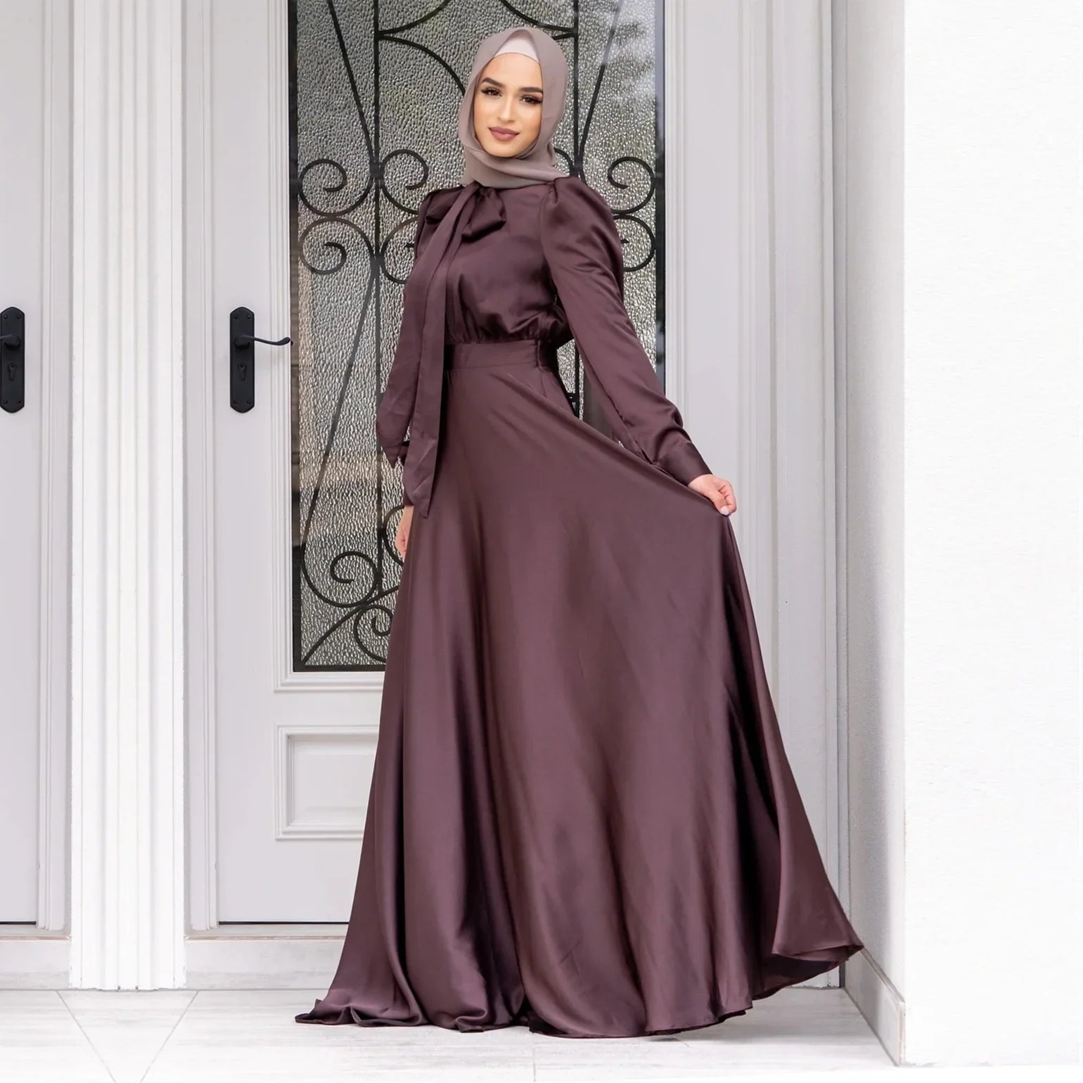 Elegant Satin Dress for Women Muslim Fashion Abaya Hijab Dubai Turkey Evening Dresses Arabic Kaftan Robe Female Islamic Clothing.