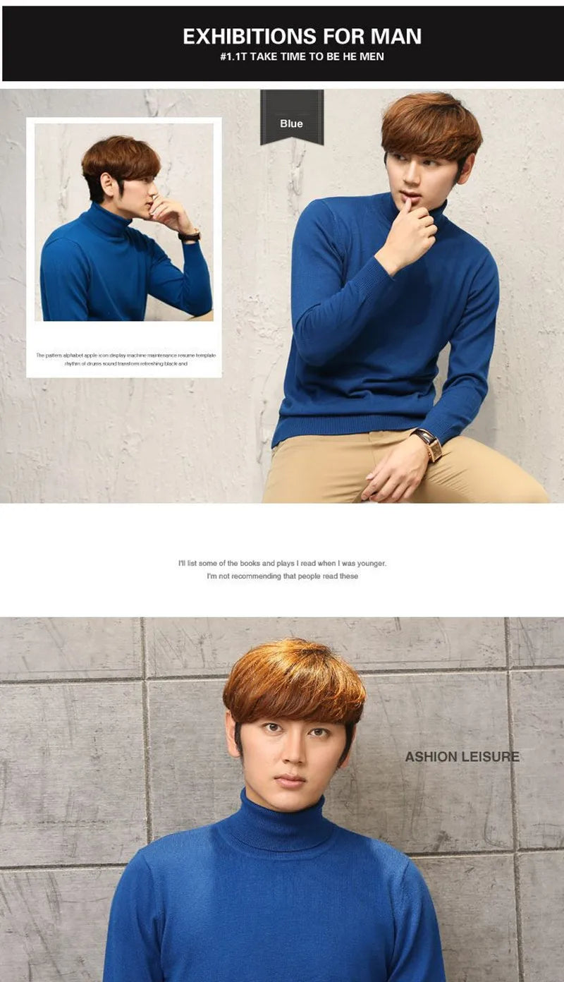 Cashmere Wool Solid Autumn Winter Men's Warm Turtleneck Knit Loose Long Sleeve Sweater Casual Comfortable Pullover Thick Sweater.