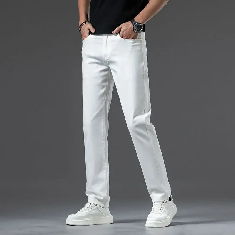 2024 New Summer Thin Men's Straight Denim Cotton Stretch Creamy-white Jeans Classic Business Pants Fashion Trousers Male Brand.