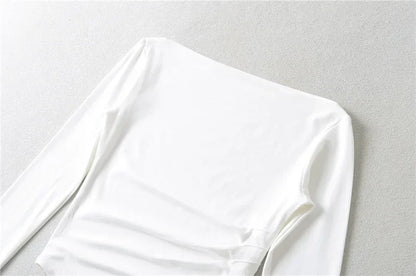 Slim Fit Long Sleeve T-Shirt Women's Shoulder Bared One-Shoulder Design Crease Asymmetrical Pure Desirable Spicy Girl Style.