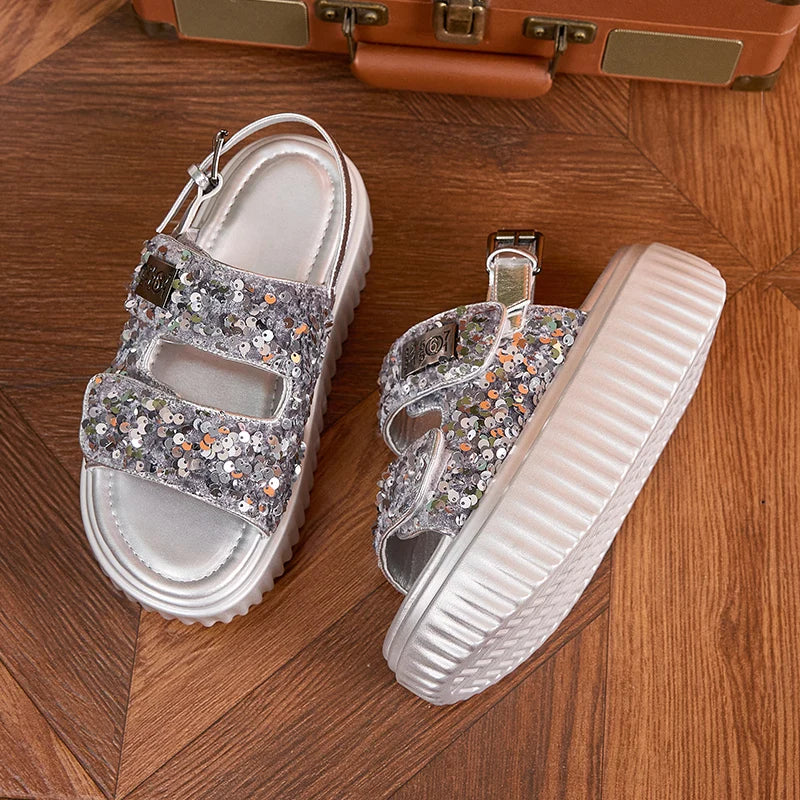 AUTUSPIN 6cm Women Flat Sandals Fashion Platform Ladies Shoes Bling Bling Sequined Cloth Female High Heels Chunky Rome Sandalias.